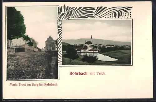 AK Rohrbach-Berg, Kirche Maria Trost am Berg, Ortsansicht mit Teich