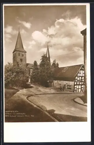 Foto-AK August Sander, Köln, Nr. 160: Leuscheid /Sieg, Kirche und Dorfplatz