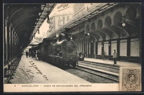 AK Barcelona, Paseo de Gracia-Andén del Apeadero, Bahnhof, Lokomotive