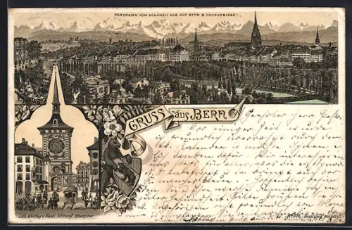 Vorläufer-Lithographie Bern, 1893, Panorama vom Schänzli aus auf Bern & Hochgebirge
