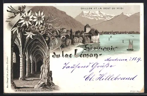 Vorläufer-Lithographie Lac Léman, 1895, Chillon et la dent du midi, La prison du Chateau de Chillon