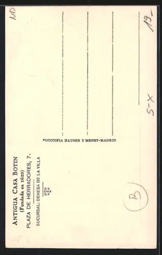 AK Madrid, Vista del escaprate de la Antigua Casa Botin, con sus célebres cochinilos, Plaza de Herrdadores 7