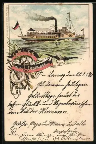 Lithographie Dampfer auf dem Bodensee