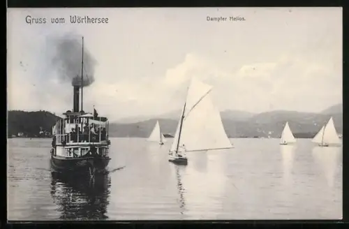 AK Wörthersee, Binnenschiff Dampfer Helios und Segelboote