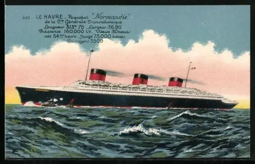 Künstler-AK Paquebot Normandie de la Cie Générale Transatlantique, Passagierschiff