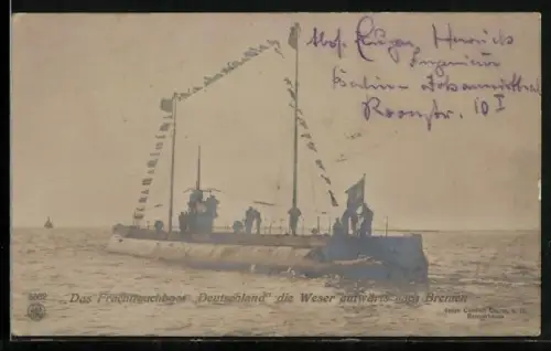 AK Bremen, Das U-Boot Deutschland die Weser aufwärts nach dem Ort