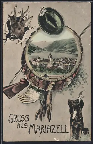 AK Mürzzuschlag, Panoramaansicht Mürzzuschlag mit Hirsch, Jagdhund, Hase, Gewehr und Hut