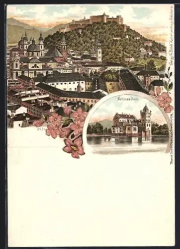 Lithographie Salzburg, Totalansicht und Schloss Anit