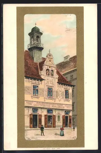 AK Graz, Geschäft Gottfried Maurer mit Glockenturm, Passepartout