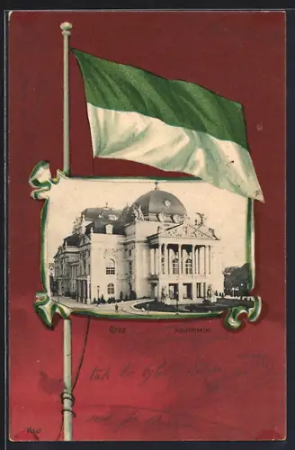AK Graz, Stadttheater mit Vorplatz, Passepartout mit Flagge