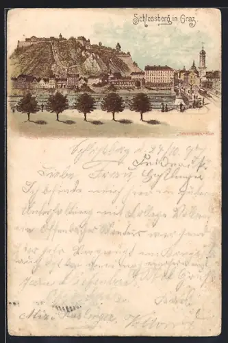 Lithographie Graz, Schlossberg und Flusspartie
