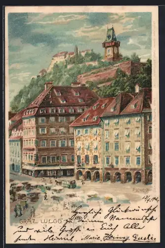 Lithographie Graz, Luegg mit Pferdebahn und Markt