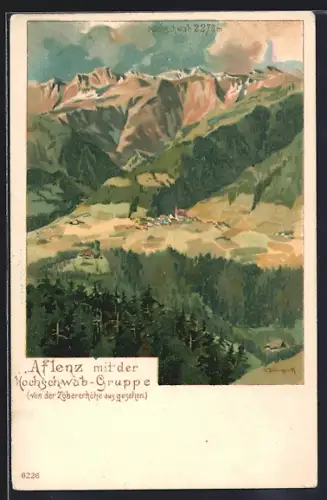 Lithographie Aflenz, Ortsansicht mit der Hochschwab-Gruppe