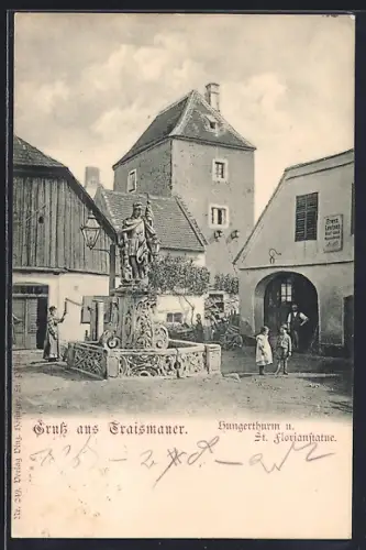 AK Traismauer, Hungerturm und St. Florianstatue