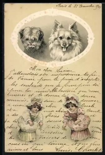 Präge-Lithographie Spitz und Terrier im Rahmen, Zwei kleine Mädchen