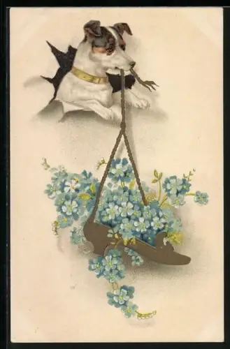 AK Hund trägt einen Schuh, gefüllt mit Vergissmeinnicht