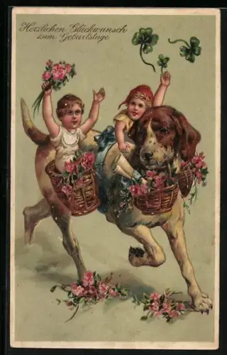 Präge-Lithographie Kleines Paar lässt sich von Bernhardiner auf dem Rücken tragen, Blumenkörbe, Geburtstagsgruss