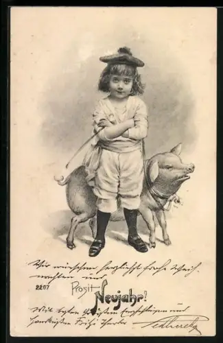AK Knabe im Matrosenanzug hält ein Schwein an der Leine, Neujahrsgruss
