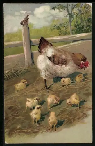 AK Hahn mit Osterküken, Fröhliche Ostern