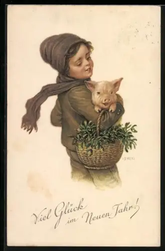 AK Knabe mit Mistelkörbchen und Ferkel, Neujahrsgruss