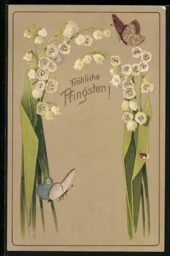 Präge-AK Schmetterlinge u. Marienkäfer, Maiglöckchen, Pfingstgruss
