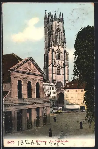 AK Fribourg, La Cathédrale, Strassenbahn