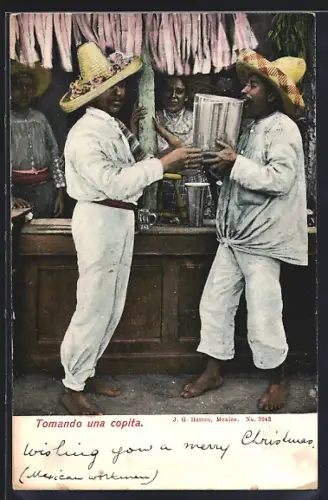 AK Mexico, mexikanische Volkstypen mit Sombrero an der Bar