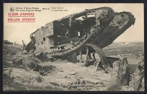 AK Ypres, Hooge, Ruines, Tank détruit