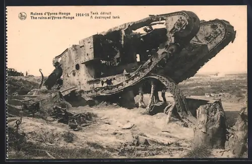 AK Ypres, Hooge, Ruines, Tank détruit