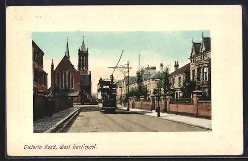 AK West Hartlepool, Victoria Road, Strassenbahn
