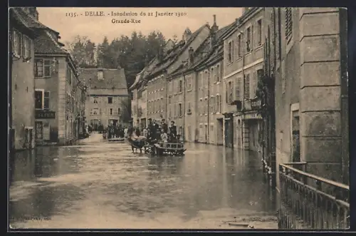 AK Delle, Inondation du 21 Janvier 1910, Grande-Rue, Hochwasser