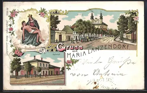 Lithographie Maria Lanzendorf, Strassenpartie, Bahnhof, Gnadenbild