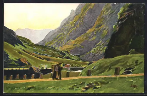 Künstler-AK Leopoldo Metlicovitz: Strada del Sempione, Confine Italo-Svizzero