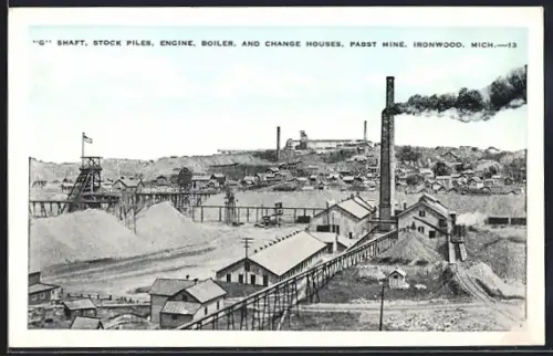 AK Ironwood, MI, Pabst Mine, G Shaft, stock piles, engine, boiler, and change houses
