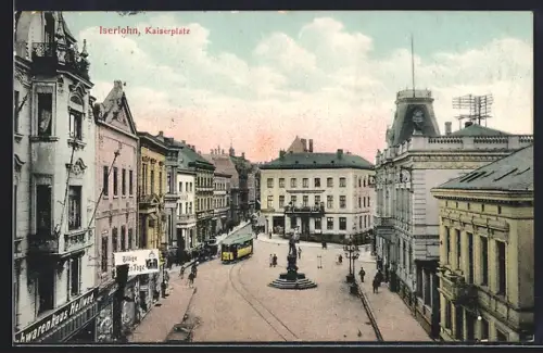 AK Iserlohn, Kaiserplatz aus der Vogelschau, Strassenbahn