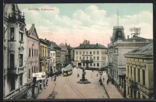 AK Iserlohn, Kaiserplatz mit Denkmal, Strassenbahn