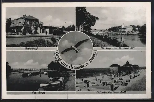 AK Deep, Bahnhof, Rega m. Strandhotel, Bei der Badeanstalt