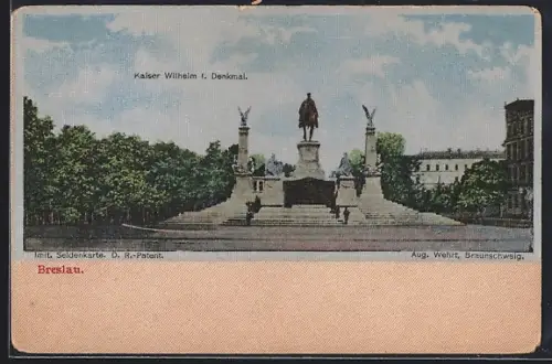 Seiden-Imitations-AK Breslau, Kaiser Wilhelm I. Denkmal