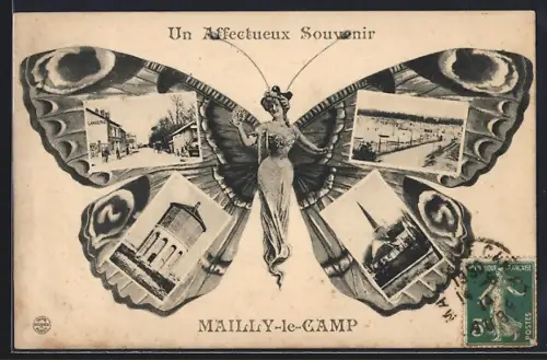 AK Mailly-le-Camp, Fliegende Menschen, Ansichten von Wasserturm und Kirche auf Schmetterlingsflügeln