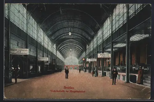 AK Breslau, Innenansicht der Verkehrshalle im Hauptbahnhof