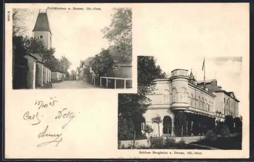 AK Feldkirchen a. Donau, Schloss Bergheim, Strassenpartie mit Kirche