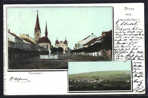 AK Leonfelden, Hauptplatz mit Rathaus und Kirche, Ortsansicht aus der Vogelschau