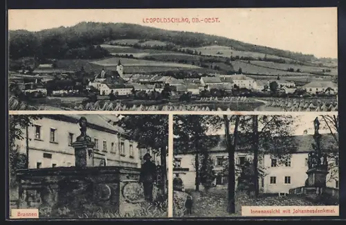 AK Leopoldschlag, Totalansicht, Innenansicht mit Johannesdenkmal