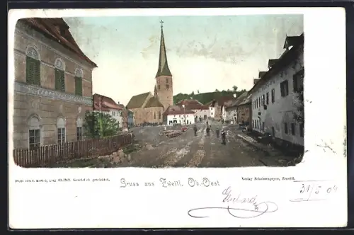 AK Zwettl /Ob.-Oest., Strassenpartie mit Kirche