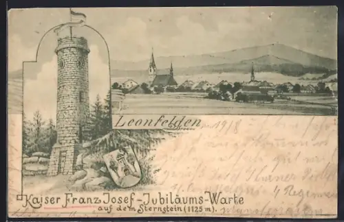 Lithographie Leonfelden, Kaiser Franz Josef-Jubiläums-Warte auf dem Sternstein, Ortsansicht