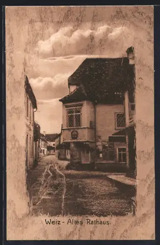 AK Weiz, Altes Rathaus mit Strasse, Holzimitat-Rahmen