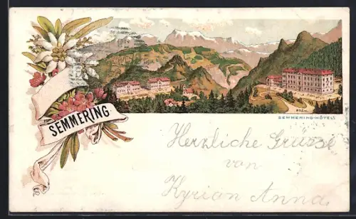 Lithographie Semmering, Semmering-Hotel, Gebäude-Ensemble mit Bergpanorama, Bergblumen