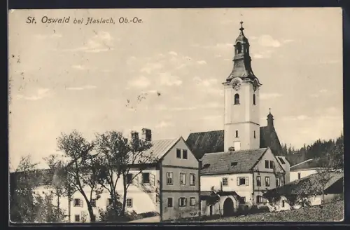 AK St. Oswald bei Haslach, Ortspartie mit Kirche