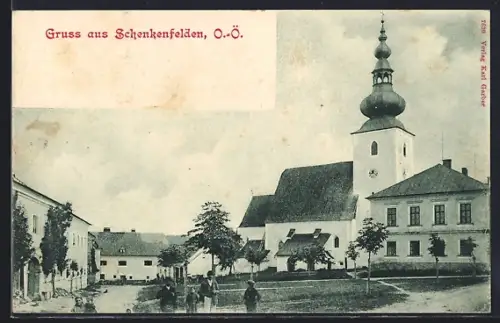 AK Schenkenfelden /O.-Ö., Kirche mit Vorplatz u. Strasse