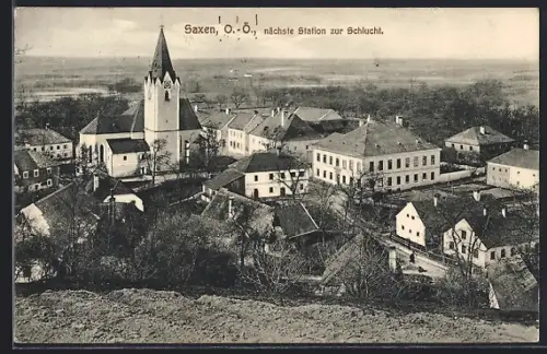 AK Saxen / O.-Ö., Ortsansicht mit Kirche vom Berg aus